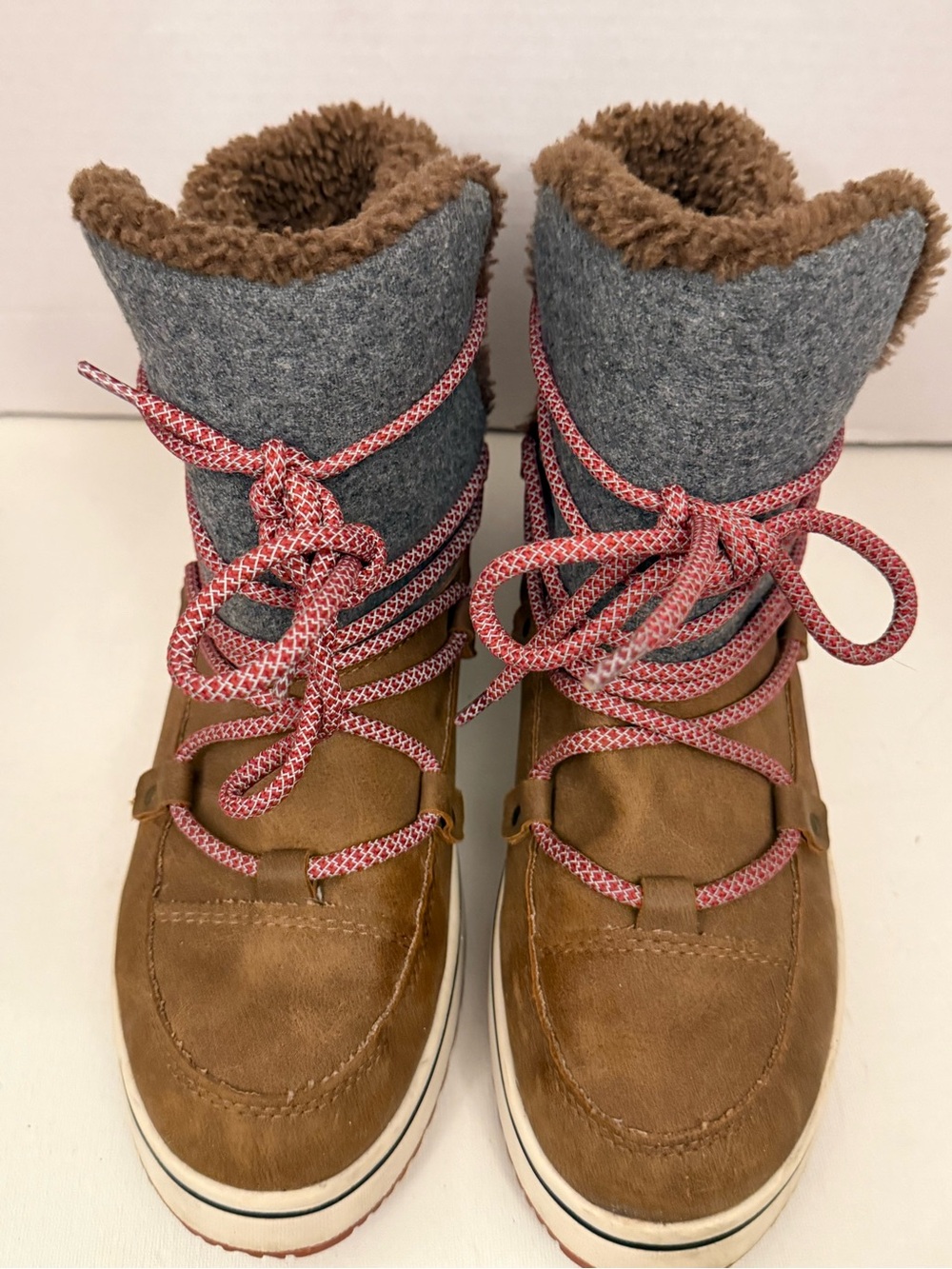 Maurices Brown and Gray Kids Faux-Fur Winter Boots with Pink Laces